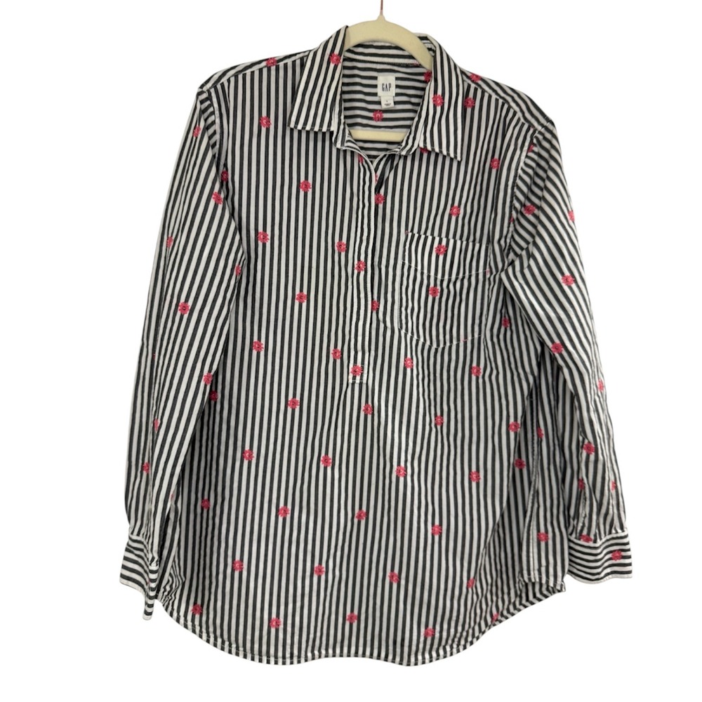Gap Popover Shirt Womens Large Navy White Striped Pink Floral Embroidery